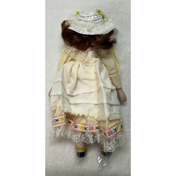 Porcelain Doll Small White Yellow Dress with Pink Trim and Hat - Picture 2 of 3